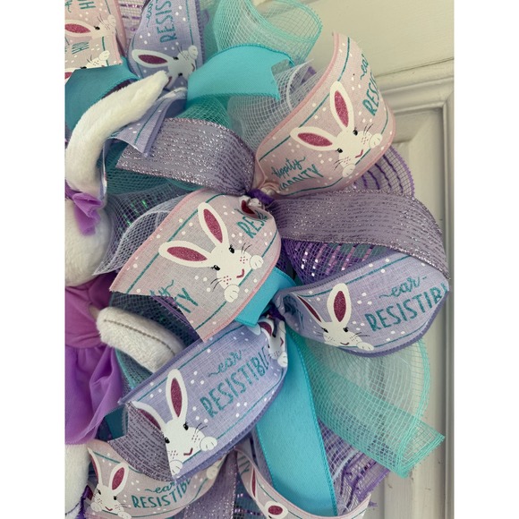 Purple Ballerina Bunny Rabbit Mesh Ribbon Easter & Spring Wreath Door Hanger xxx - Picture 5 of 7